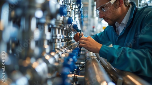 Close-up of a chemist adjusting valves on a high-tech pump system, with a network of steel pipes transporting chemicals in the background