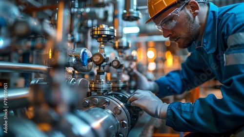 Close-up of a chemist adjusting valves on a high-tech pump system, with a network of steel pipes transporting chemicals in the background