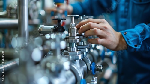 Close-up of a chemist adjusting valves on a high-tech pump system, with a network of steel pipes transporting chemicals in the background
