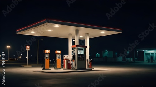 Horizontal shot of a generic unbranded gas station at night.generative.ai