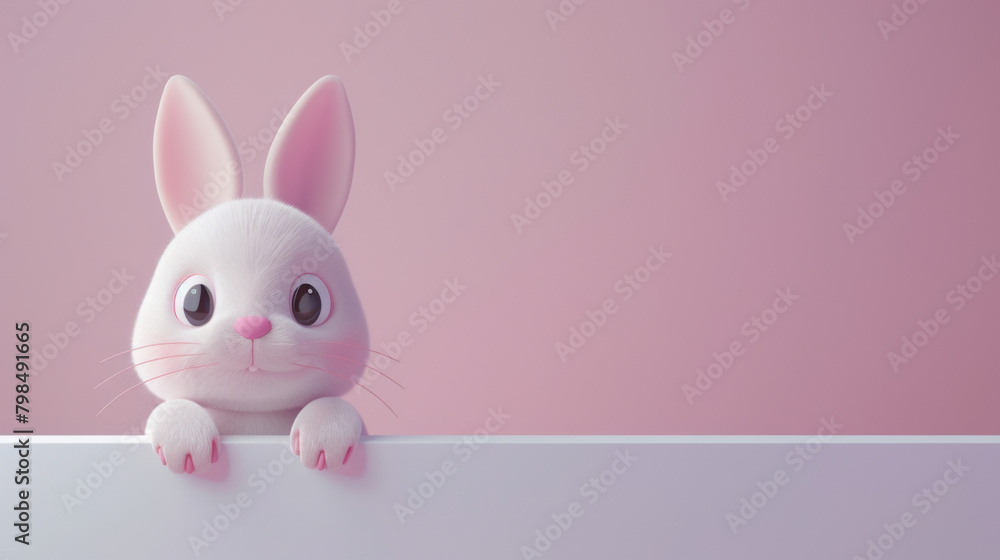 Obraz premium Digital illustration of an adorable pink bunny with large eyes peering over a white edge against a pink background.