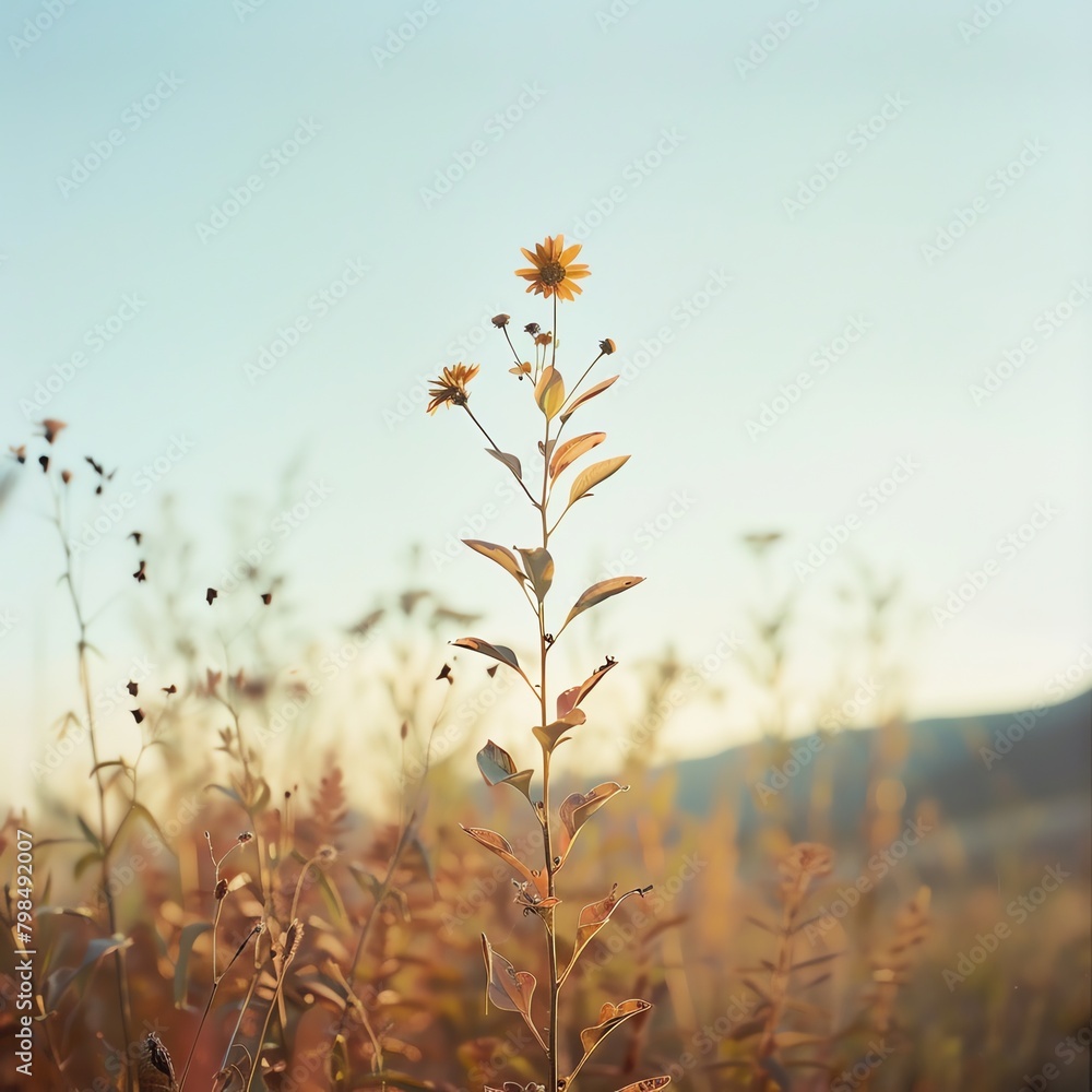 Wildflower, clear fall sky, soft sunlight, natural setting, wide lens Wildflower, clear fall sky, soft sunlight, natural setting, wide lens