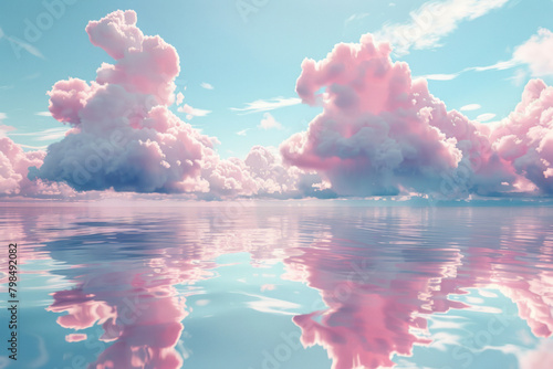 pink clouds in the sky, in the style of whimsical dreamscapes, hyper-realistic sci-fi, aquamarine, meticulously crafted scenes, reflections, photorealistic accuracy, seapunk photo