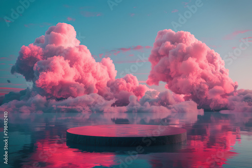 pink clouds in the sky In the style of hyper-realistic sci-fi fantasy, aquamarine, meticulously crafted scenes Minimal circular pedestal with prominent square neon accent lighting behind it. 
