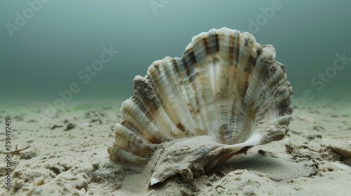 Close-up of disintegrating clam shell on sandy ocean floor, eroded by acidic waters