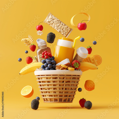 A floating basket filled with breakfast staples—oatmeal packets, fresh berries, Greek yogurt, gourmet coffee—against a sunny morning yellow background in clay 3D style. 