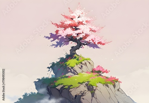 A lonely cherry blossom tree on a high mountain peak, whose blossoms never fall but instead float upward toward the heavens, generative AI photo