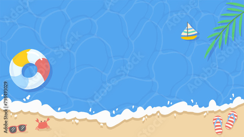 Summer sea, bright background with waves and water surface, cute hand drawn illustration / 夏の海、波と水面の明るい背景、かわいい手描きイラスト
