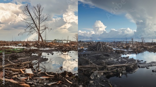 Before and after effects of disasters, showcasing the transformative journey towards eco-conscious recovery