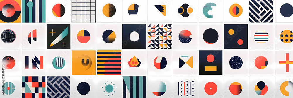 geometric patterned icon set displayed on a white wall with a red circle in the foreground geometric patterned icon set displayed on a white wall with a red circle in the foreground