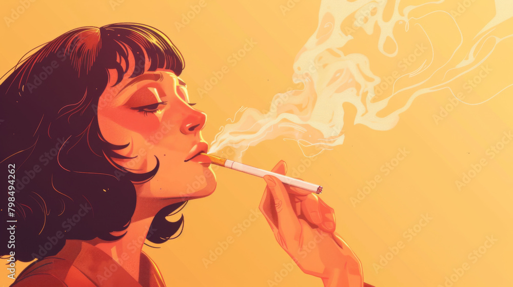 Fototapeta premium Digital art portrait of a woman inhaling from a cigarette, surrounded by a golden haze, capturing a moment of contemplation or addiction.