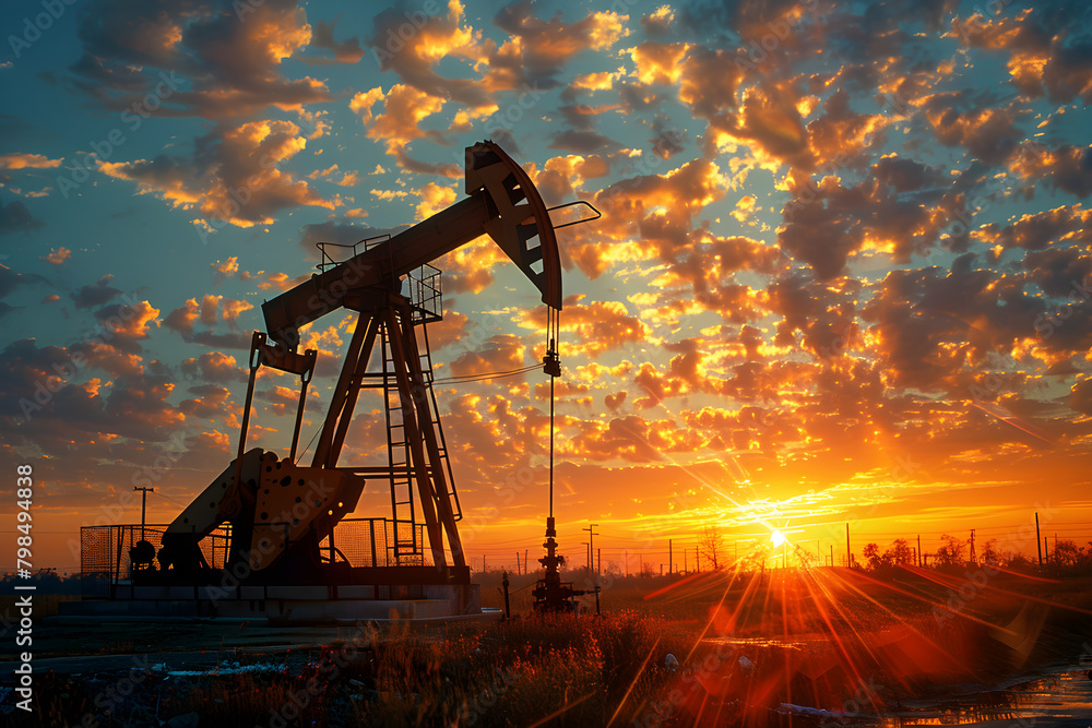 Silhouette of an oil pump at sunset, depicting industrial infrastructure and energy extraction. Silhouette of an oil pump at sunset, depicting industrial infrastructure and energy extraction.