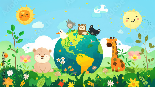 Joyful animated scene of smiling animals on Earth with two suns and a bright  playful background.
