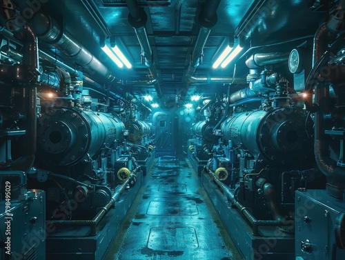 The pipelines and machinery inside the submarine