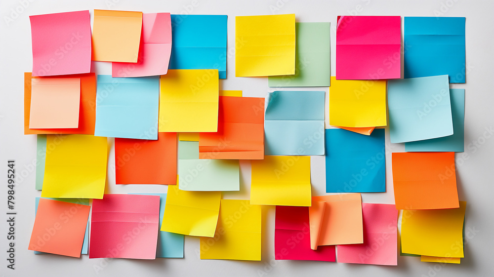 A collage of colorful sticky notes arranged in a cluttered pattern on a white background.