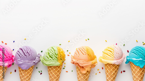 Row of colorful ice cream scoops in cones with sprinkles on a white background.