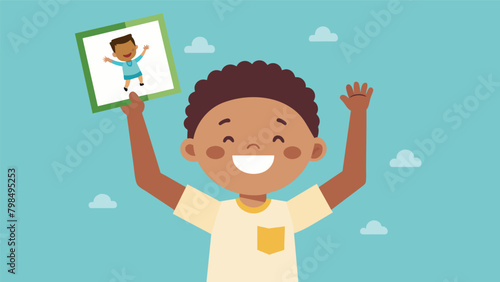 A child joyfully holding up a drawing they made to include in the time capsule excited to share their contribution to the familys special day.