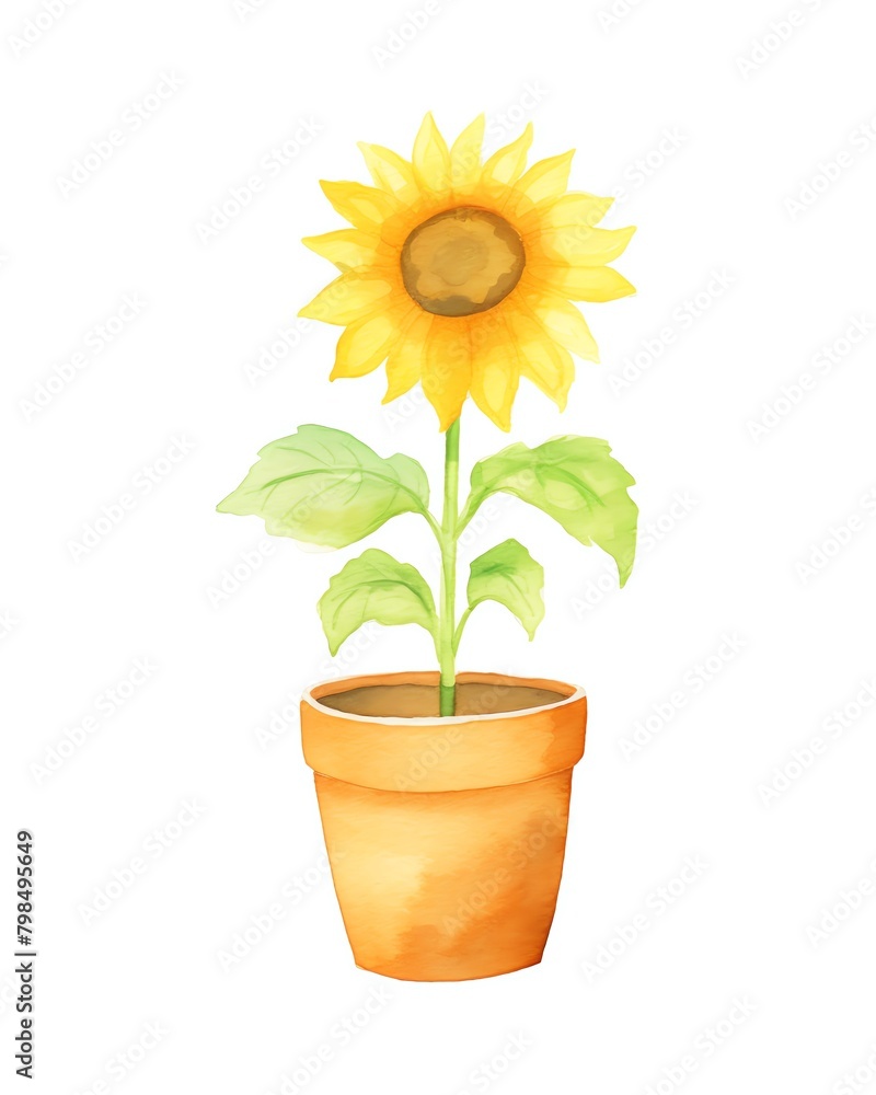 Obraz premium A watercolor painting of a sunflower in a clay pot.