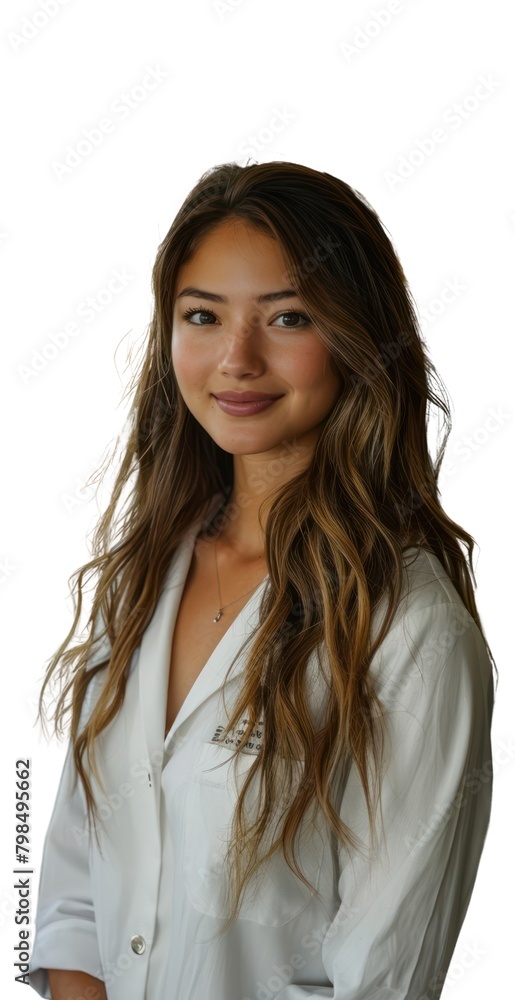 A woman with long brown hair is smiling on a transparent background. A woman with long brown hair is smiling on a transparent background.