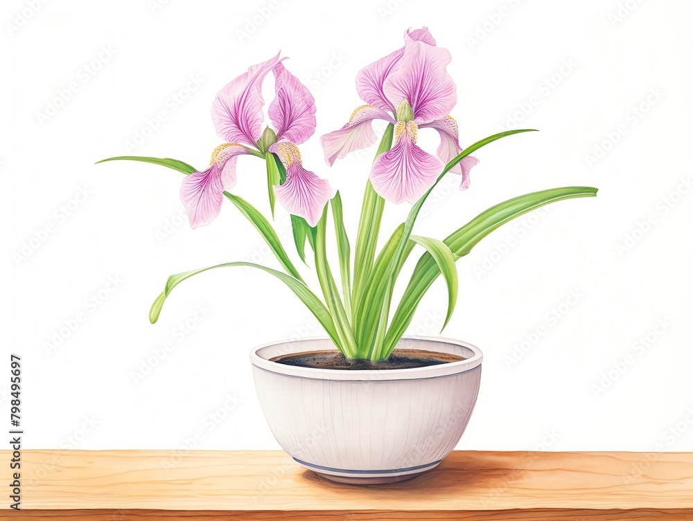A watercolor painting of two purple irises in a white bowl on a wooden table.