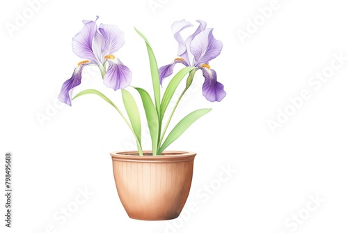 A watercolor painting of two purple irises in a brown flower pot.