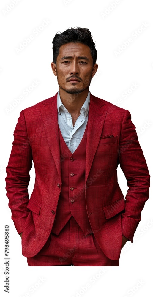 Asia man in a red suit and white shirt poses for a photo on a ...