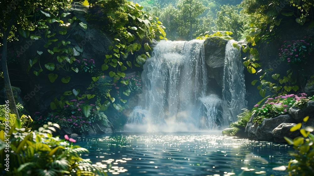 A tranquil cascade embraced by vibrant greenery