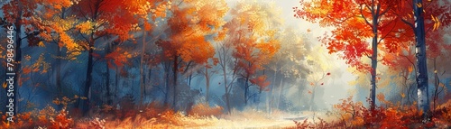 Artwork depicting a stunning fall woodland landscape  drawing.