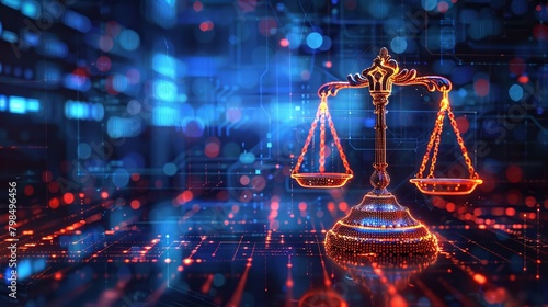 The image of scales of justice set against the backdrop of a data center reflects the intersection of legal principles and technology in the digital age. AI created.