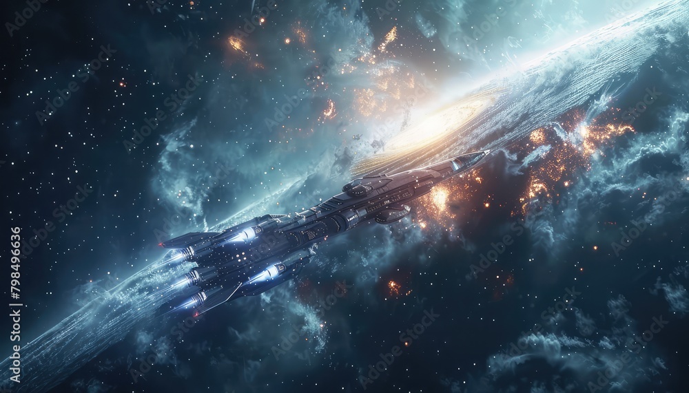 Interstellar Travel, Portray the concept of spacecraft journeying between stars in distant galaxies Interstellar Travel, Portray the concept of spacecraft journeying between stars in distant galaxies