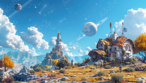 Cosmic Frontier Settlement, Imagine humans establishing colonies on habitable planets in distant star systems #798496690