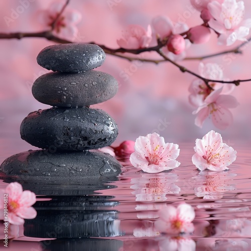 Japanese cherry blossoms and zen stones on a pink background with open space  promoting a sense of tranquility and relaxation  ideal for spa and wellness themes.
