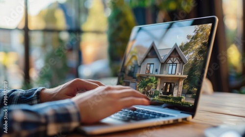 A person browsing online listings of houses for sale on a laptop.  photo