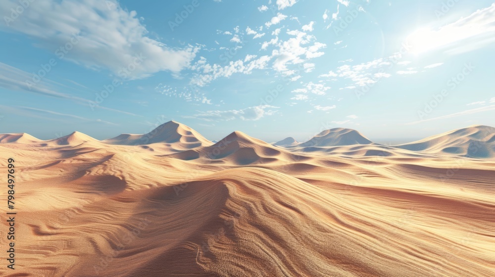 A view of a desert landscape with its organized dunes and perfectly formed ridges..