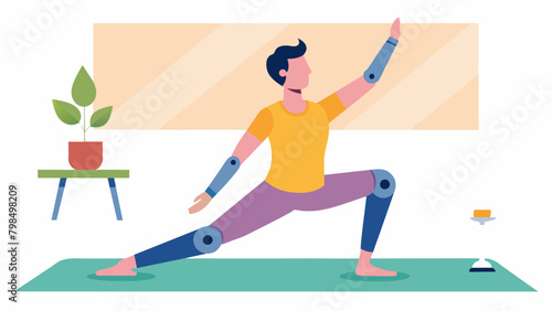 A person effortlessly completing a daily yoga routine their advanced neuroprosthetic limbs aiding them in poses and stretches..