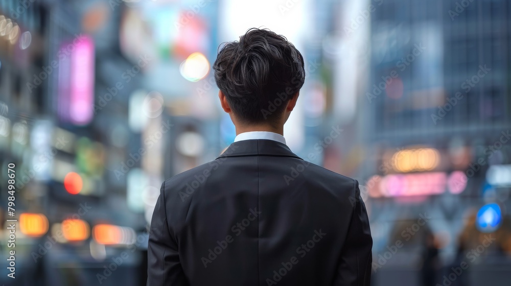 Future Crossroads: Young Japanese Businessman Amidst Skyscrapers, Reflecting on Career Paths and Uncertain Futures Future Crossroads: Young Japanese Businessman Amidst Skyscrapers, Reflecting on Career Paths and Uncertain Futures