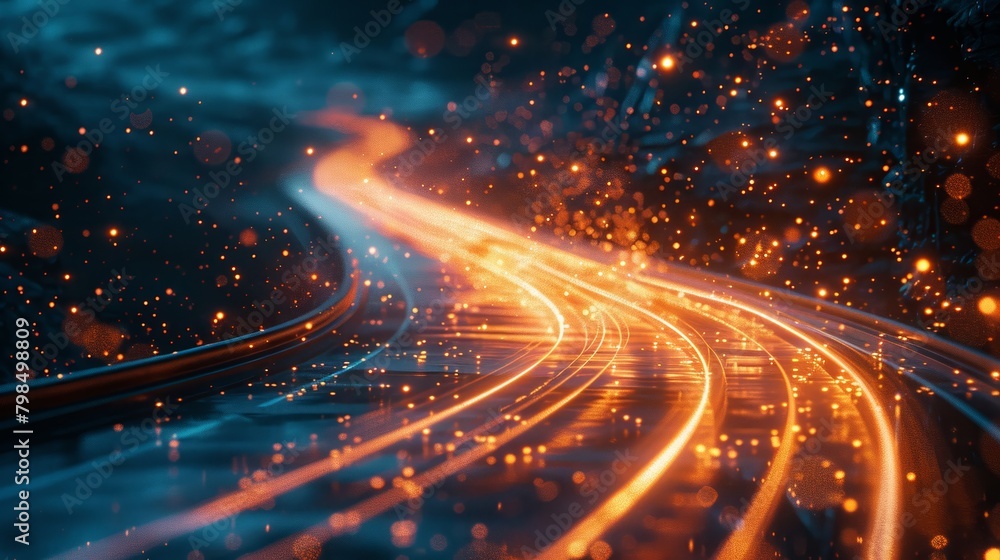 A fast digital expressway with streams of photons symbolizing data transmission. A fast digital expressway with streams of photons symbolizing data transmission.