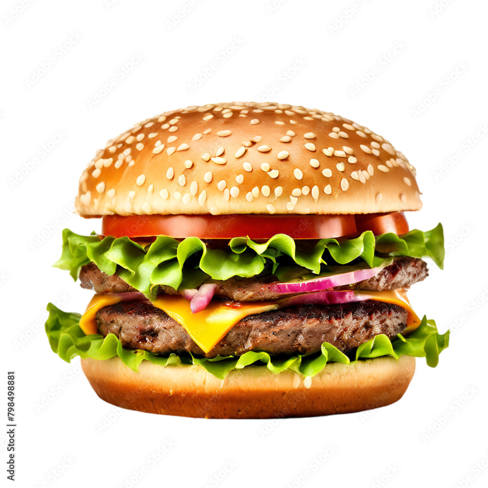 Beef burger, tasty hamburger with onion and tomato on a transparent background