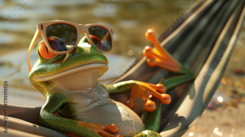 A photorealistic illustration of a content frog in a hammock with sunglasses on, depicting relaxation and enjoyment on a summer day. photo