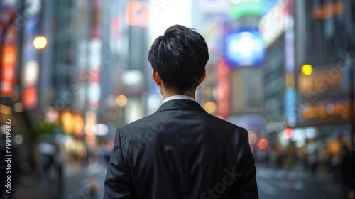 Future Crossroads: Young Japanese Businessman Amidst Skyscrapers, Reflecting on Career Paths and Uncertain Futures