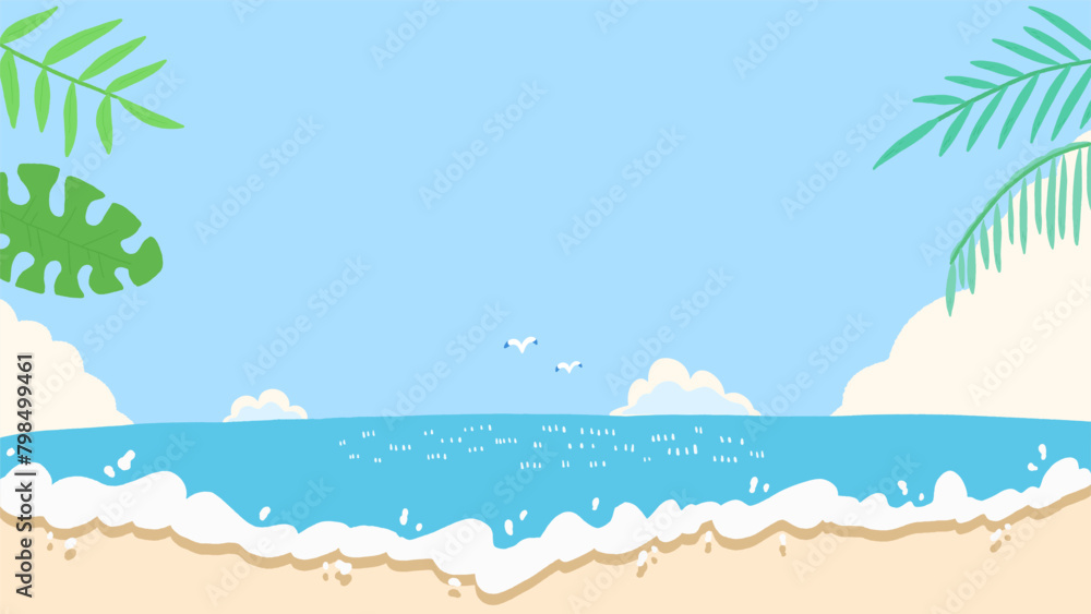 Summer sea, blue sky and beach bright background, cute hand drawn illustration / 夏の海、青空とビーチの明るい背景、かわいい手描きイラスト