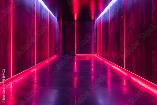 A dimly lit space enhanced by LED lights forming intricate designs of brightness and shade.