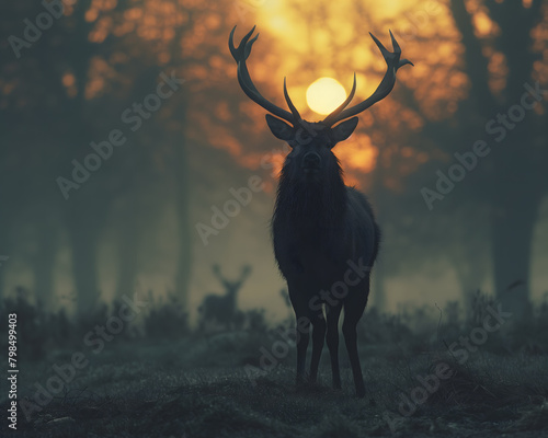 Tranquil Backlit Deer in a Mystical Autumn Forest at Sunset