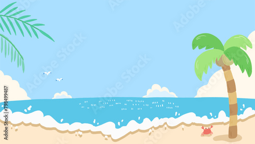 Summer sea, blue sky and beach bright background, cute hand drawn illustration / 夏の海、青空とビーチの明るい背景、かわいい手描きイラスト