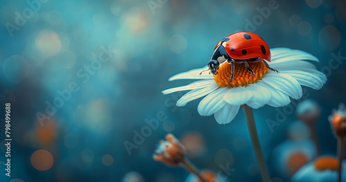 Macro Shot of Ladybug on a White Daisy Against a Blue Background