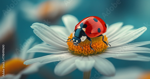 Macro Shot of Ladybug on a White Daisy Against a Blue Background © slonme