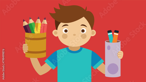 A young boy proudly holds up his handcrafted pen holder made from old cardboard rolls and decorated with colorful magazine outs.