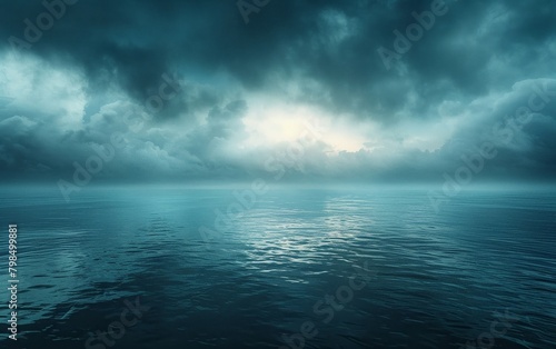 A dark ocean without sunlight  with its waters mirroring a gloomy sky above.