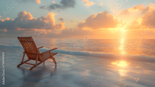 Serene Beach Sunset with Relaxing Wooden Chair Amidst Tranquil Nature