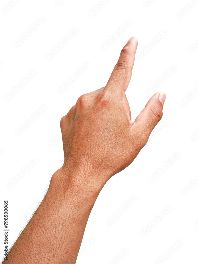 Vertical image of a man's hand making a gesture like I'm pointing at something. Or touch the phone screen isolated on white background. Vertical image of a man's hand making a gesture like I'm pointing at something. Or touch the phone screen isolated on white background.